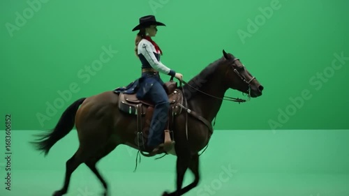 Cowgirl riding a horse gallops against a green screen backdrop for film production