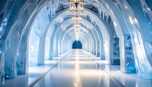 Walking Through Ice Cave Tunnel with Icicles and Chandeliers