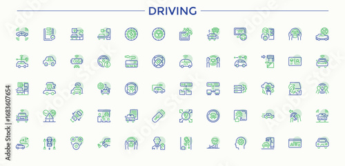 Driving colorful line icon set. Containing transportation, bus, ship, taxi, transport, travel, vehicle and more. Vector outline icons collection. Vehicle icon set. Editable stroke.