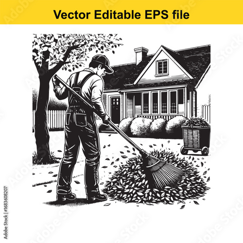 Man sweeping autumn leaves in front of a house with a wheelbarrow
