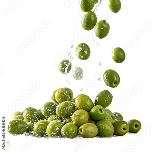Green Olives Falling in Mid-Air — juicy whole olives cascading downward with a natural glossy texture, isolated on a transparent background, ideal for Mediterranean food design, packaging, menus, and 