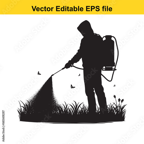 Silhouette of a person spraying pesticide on grass with birds flying around