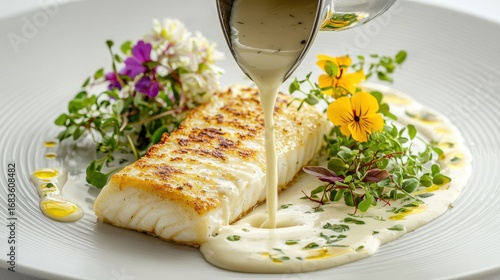 Fototapeta Naklejka Na Ścianę i Meble -  Premium veloute sauce being poured over pan-seared white fish fillet garnished with vibrant edible flowers and fresh microgreens on elegant white plate