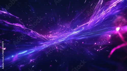 Cosmic vista showcasing a vibrant purple and blue energy flow within a nebula
