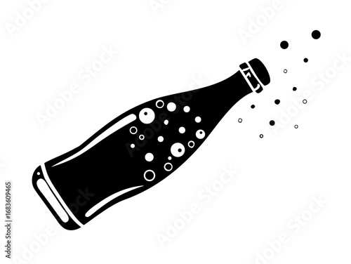 Black and white graphic of a tilted bottle with bubbles floating out on a white background design