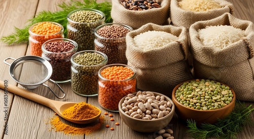 Rustic Pantry Bounty - A Colorful Array of Dried Legumes, Grains, and Spices.