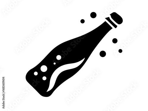 Black silhouette of a sparkling beverage bottle with bubbles on a white isolated background image view