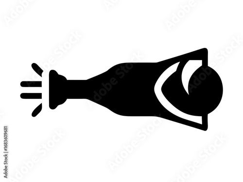 Illustration of a black abstract object resembling a hair dryer with a nozzle and a curved element