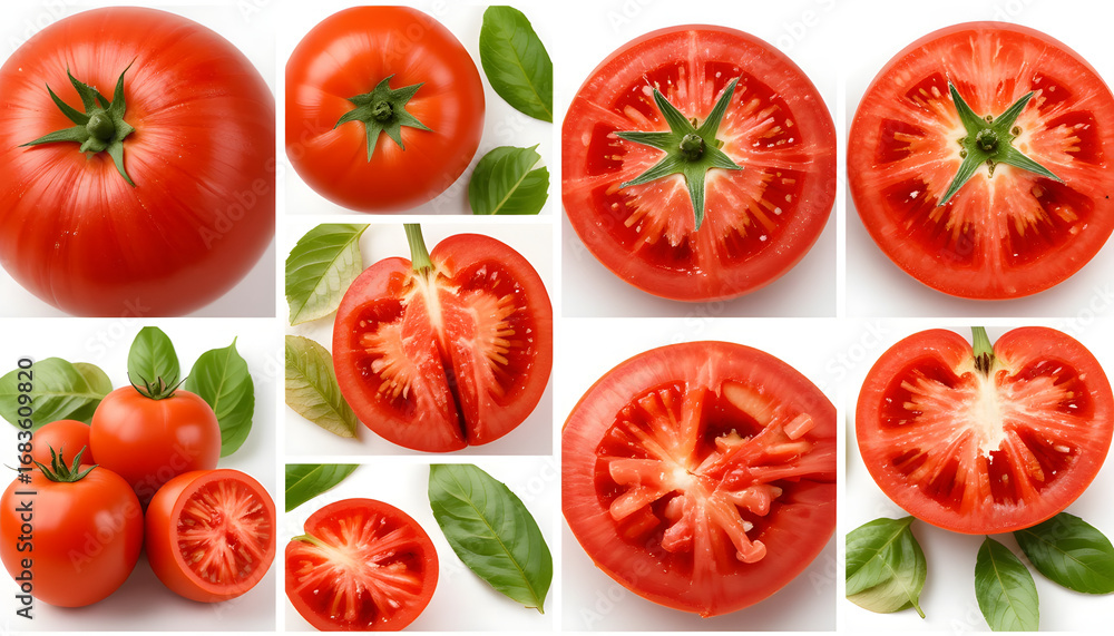 Fototapeta premium A collage of fresh tomatoes and tomato leaves, featuring whole tomatoes, sliced halves revealing juicy red interiors with seeds, and green leaves.