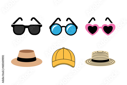 Beach vacation accessories set, sunglasses assortment with classic and heart frames, straw hats and caps, weather styling icons, branding ready vector collection