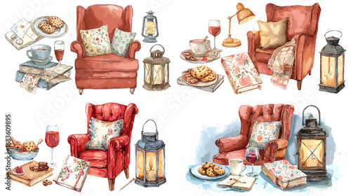 Watercolor cozy home illustration featuring armchairs, pillows, lanterns, wine, tea, books, and snacks in a warm hygge lifestyle theme.
