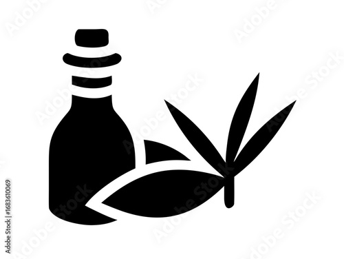 Illustration of a bottle with a stopper next to some leaves in a simple black and white design