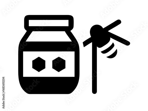Illustration of a honey jar with two hexagons on the label and a bee on a stick beside it