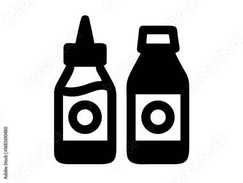 Illustration of two condiment bottles with labels showing a circle design in a simple black style