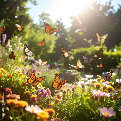 Many monarch butterflies flit amongst vibrant flowers in a sunny garden setting.