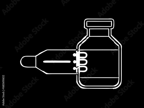 Outline of a syringe injecting into a vial with a label on a black background in a minimalist style