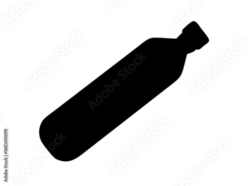 Silhouette of a long cylindrical bottle with a short neck and cap angled on a white background plain