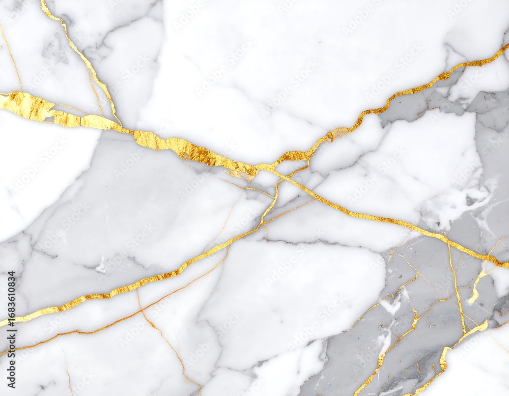 Fototapeta premium A stunning marble surface showcases captivating veining patterns in white and gray, accented by shimmering gold lines, creating an elegant and luxurious aesthetic.