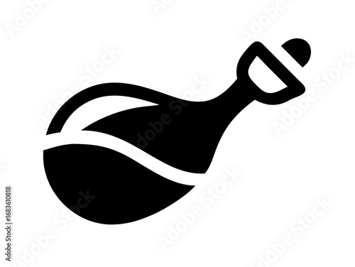 Stylized potion bottle with liquid inside and a stopper on top in black and white illustration