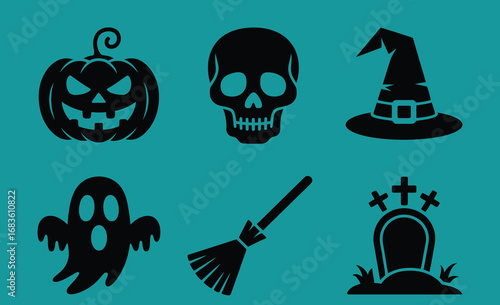 Collection of spooky halloween silhouettes including pumpkin skull witch hat ghost broom and tombstone