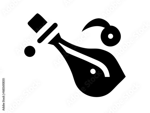 Stylized depiction of a bottle with a stopper and liquid droplets in a minimalist black and white design