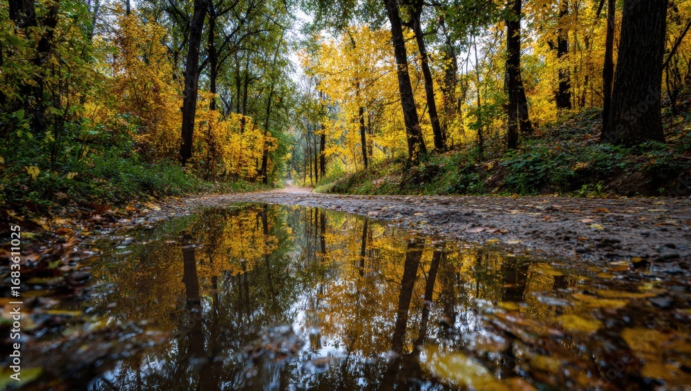 Obraz premium Autumnal puddle reflection in a forest path