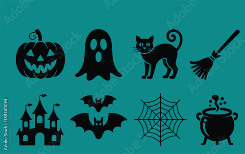 Collection of spooky halloween icons featuring pumpkin ghost cat bat castle spiderweb and cauldron