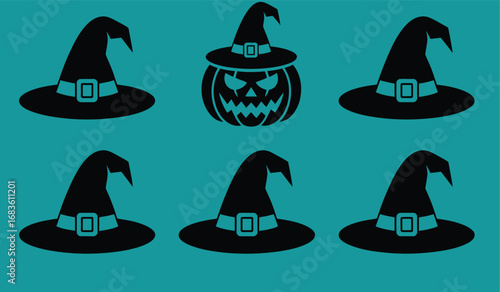 Six spooky black witch hats and a jack o lantern on a teal background