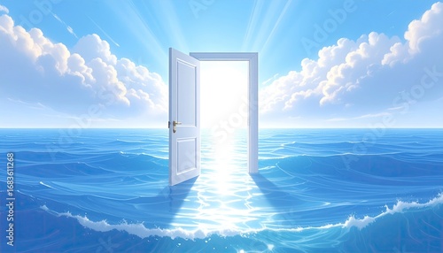 A white door opens to a radiant light, floating on a tranquil sea, above fluffy clouds, under a bright sky
