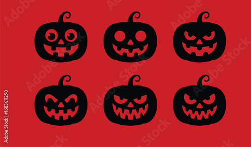 Six spooky jack o lantern faces with glowing orange eyes on a red background