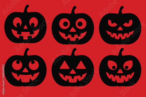 Six spooky black halloween jack o lantern faces on a vibrant red background