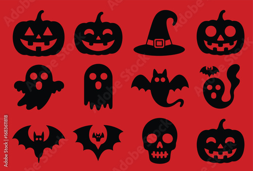Collection of spooky halloween icons featuring pumpkins ghosts bats and skulls