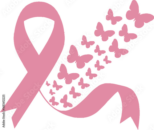 Pink ribbon transforms into a flock of butterflies symbolizing hope and breast cancer awareness
