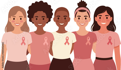 Diverse group of women united in support of breast cancer awareness