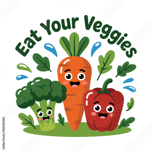 Happy cartoon vegetables encouraging healthy eating with the phrase eat your veggies