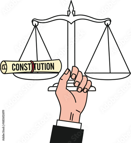 Hand holding scales of justice with constitution document for legal balance