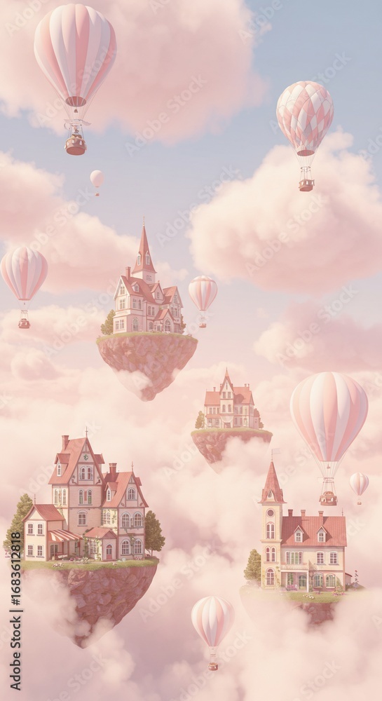 Fototapeta premium Floating Castles: Dreamy fantasy scene with pastel-colored hot air balloons and whimsical castles floating among the fluffy clouds, creating a serene and ethereal world.