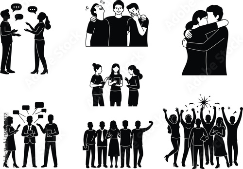PrintDiverse people communicating, supporting, collaborating, celebrating, and expressing emotion in social scenes for teamwork, empathy, education, and lifestyle concepts