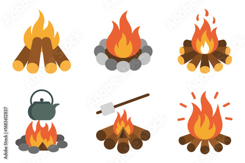 Campfire and bonfire vector set, roaring flames, kettle on tripod, marshmallow roast, cozy outdoor gathering, rustic camping graphics