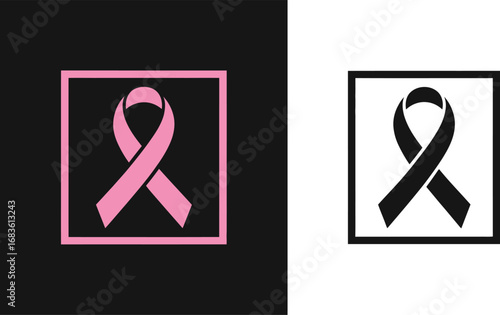Pink ribbon symbol for breast cancer awareness inside a square frame