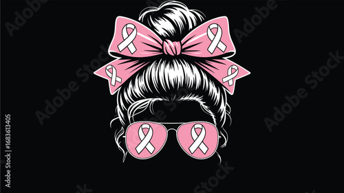Pink ribbon messy bun hairstyle with matching bow and earrings for breast cancer awareness