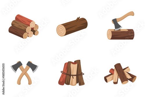 Lumberjack woodcut vector set, log chopping icons, axe and stump, bundled firewood, timber harvest, rustic forestry supply graphics