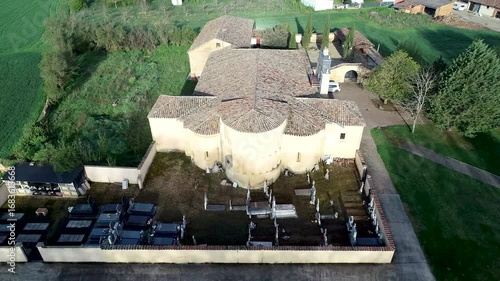 Aerial drone video of San Pelayo Abbey and graveyard in Arenillas de San Pelayo, Palencia, Spain