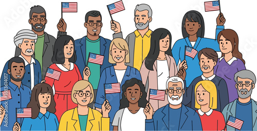 Diverse group of people proudly waving American flags at a rally or celebration
