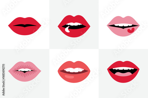 Stylized lips vector illustrations, lipstick kiss icons, open mouth expressions, smiling teeth, beauty makeup graphics, cosmetic lip elements