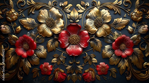 Elegant golden floral baroque wallpaper with luxury embossed design high resolution Background photo