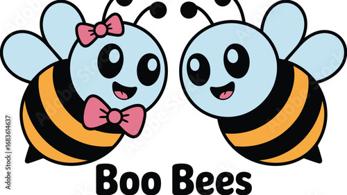 Cute cartoon boo bees couple with pink bow tie and bow