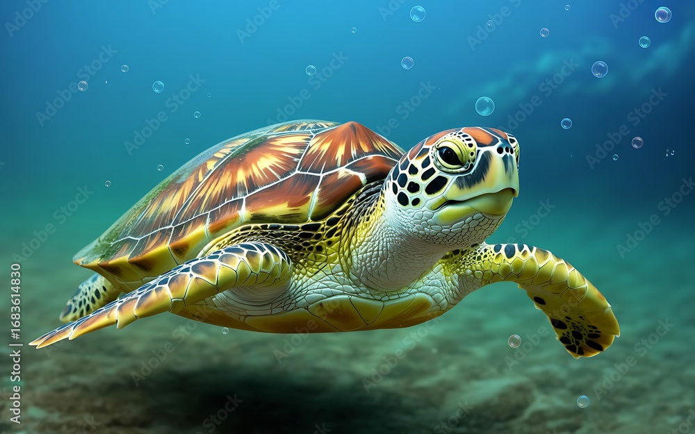 Fototapeta premium A turtle swimming gracefully underwater with bubbles around