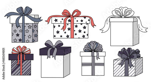 Collection of seven beautifully wrapped gift boxes tied with various ribbon styles and colors for holidays and special occasions