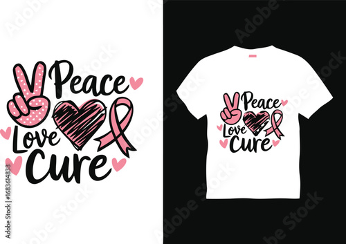Peace love cure breast cancer awareness design with pink ribbon and heart